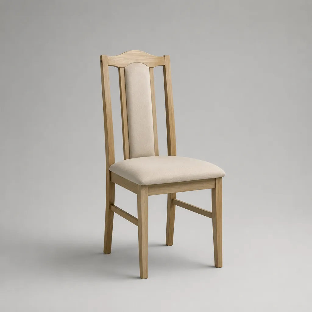 Sedia da pranzo in legno massello con seduta imbottita e schienale, beige e legno naturale, 44 × 50 × 98 cm