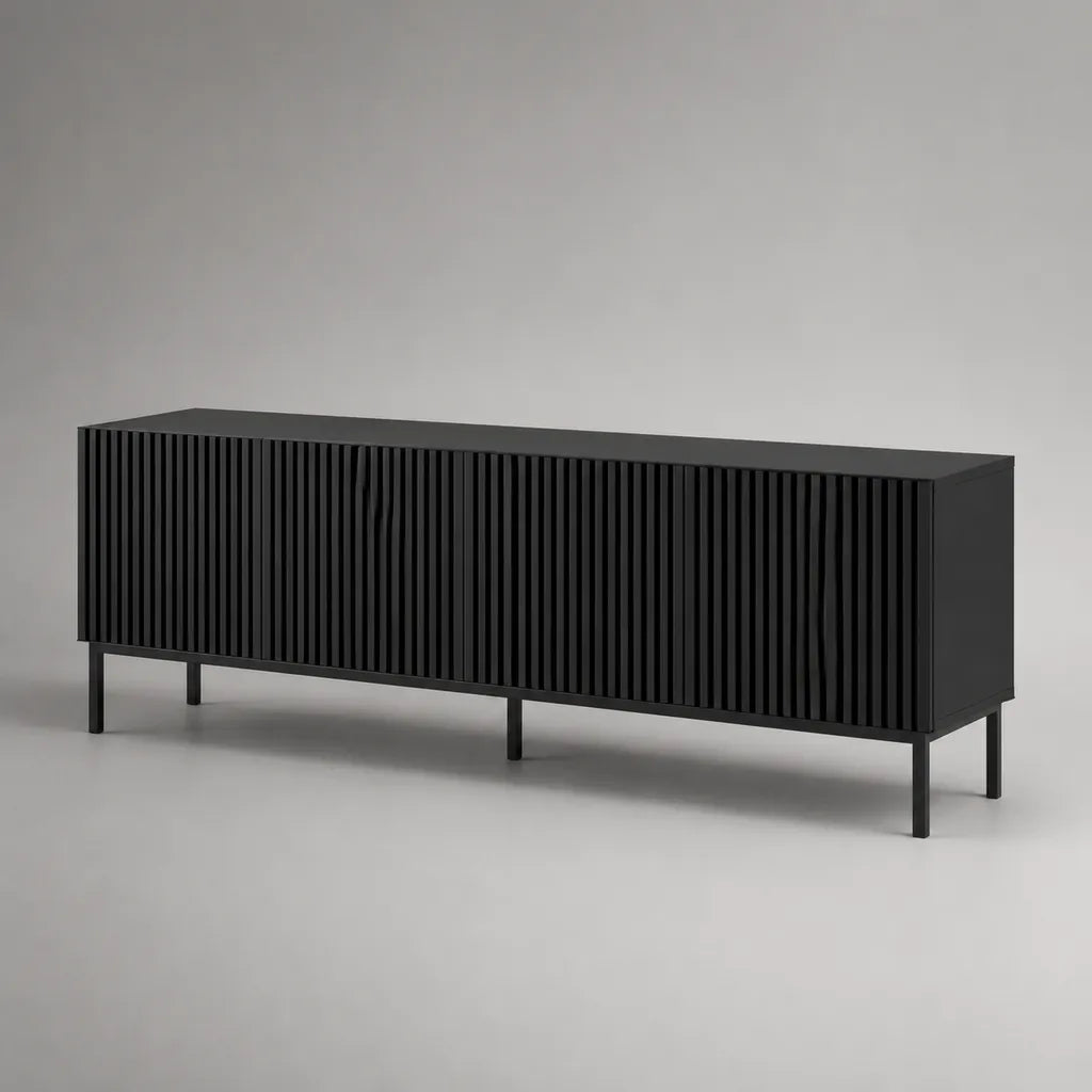 Armadietto TV rettangolare a 4 porte in acciaio MDF e nero opaco, 160 × 40 × 60 cm