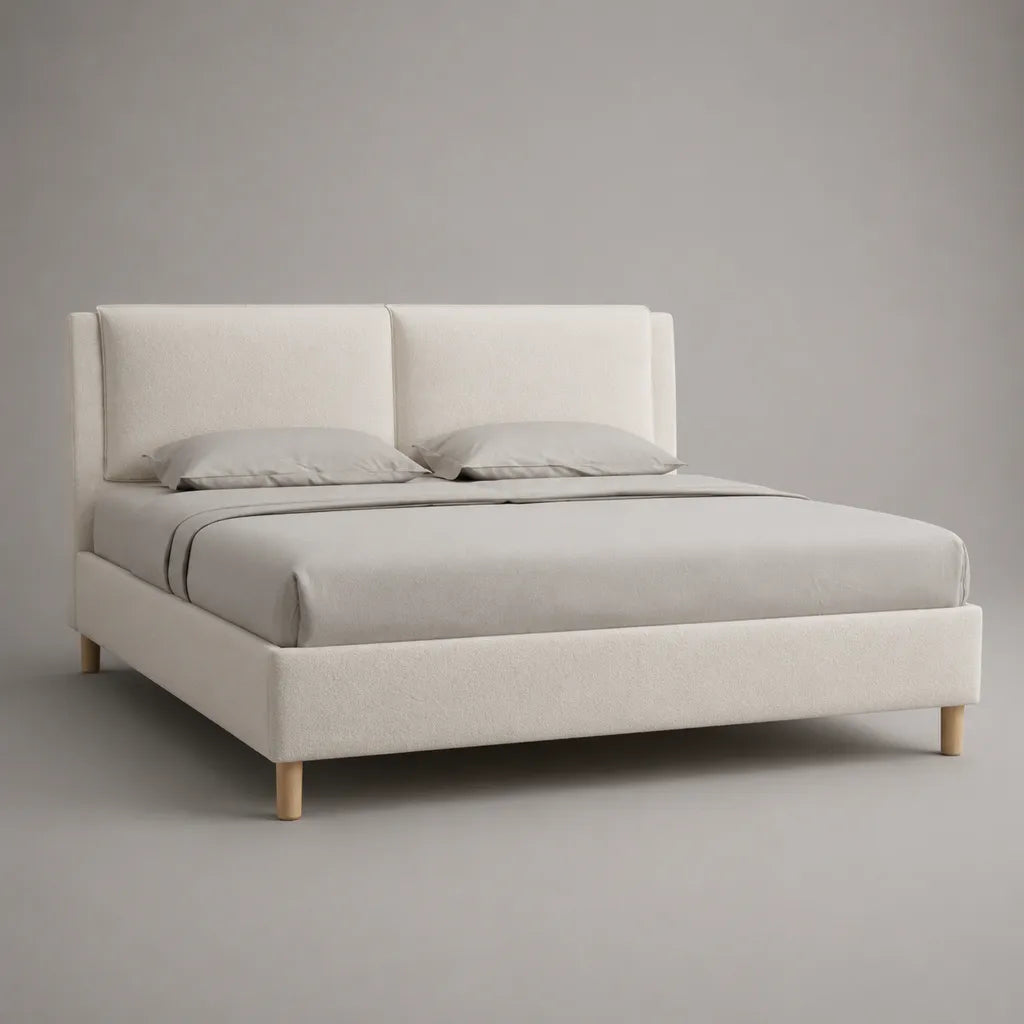Letto matrimoniale imbottito in tessuto spugna avorio con testata, letto 160 × 200 cm, dimensioni 174 × 216 × 105 cm