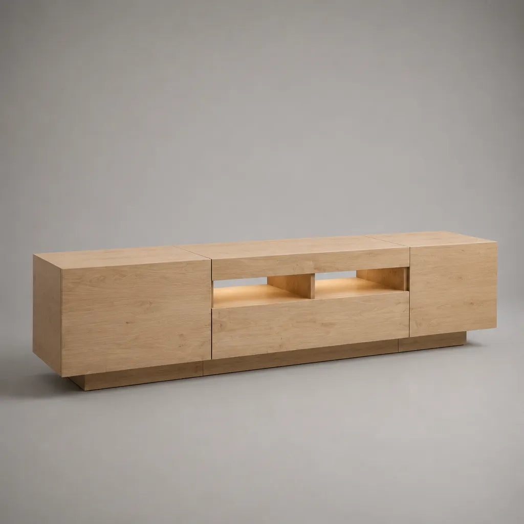 Mobile TV basso in MDF, impiallacciato rovere naturale con 3 porte e 2 nicchie, 200 × 40 × 55 cm