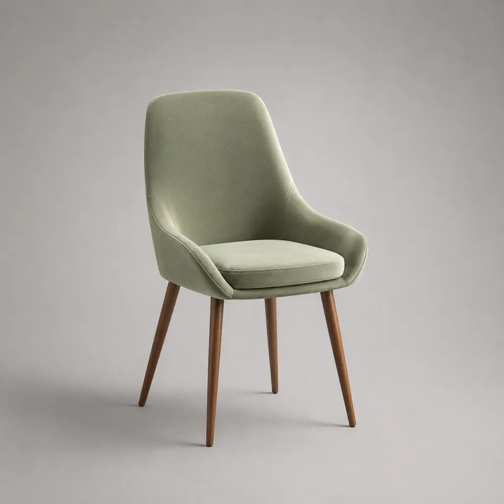 Sedia da pranzo imbottita in velluto di poliestere verde seta con braccioli e piedi in legno, 58 × 61 × 86 cm