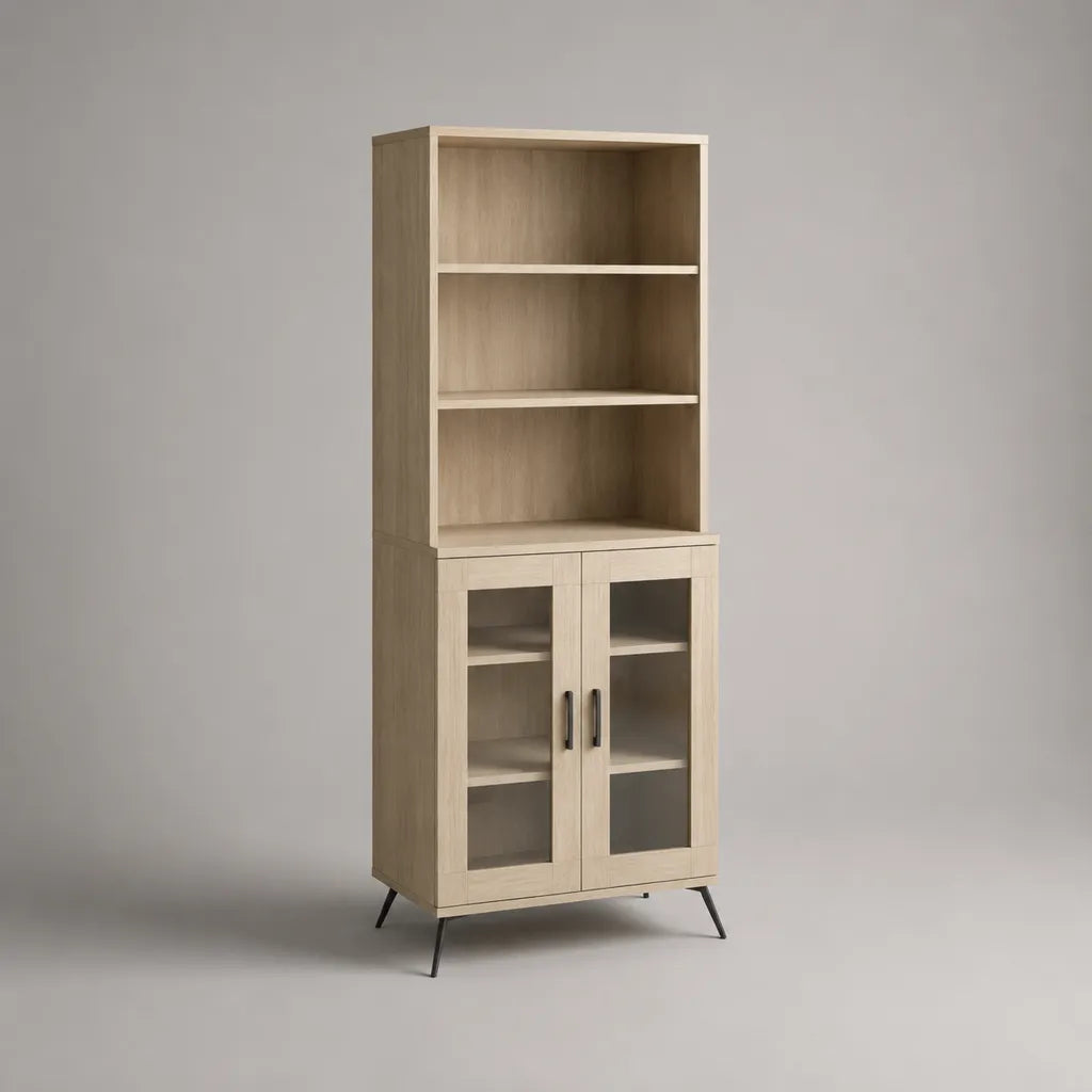 Piano piatto in legno con 2 porte in vetro e 4 ripiani, rovere chiaro e nero, 80 × 40 × 180 cm