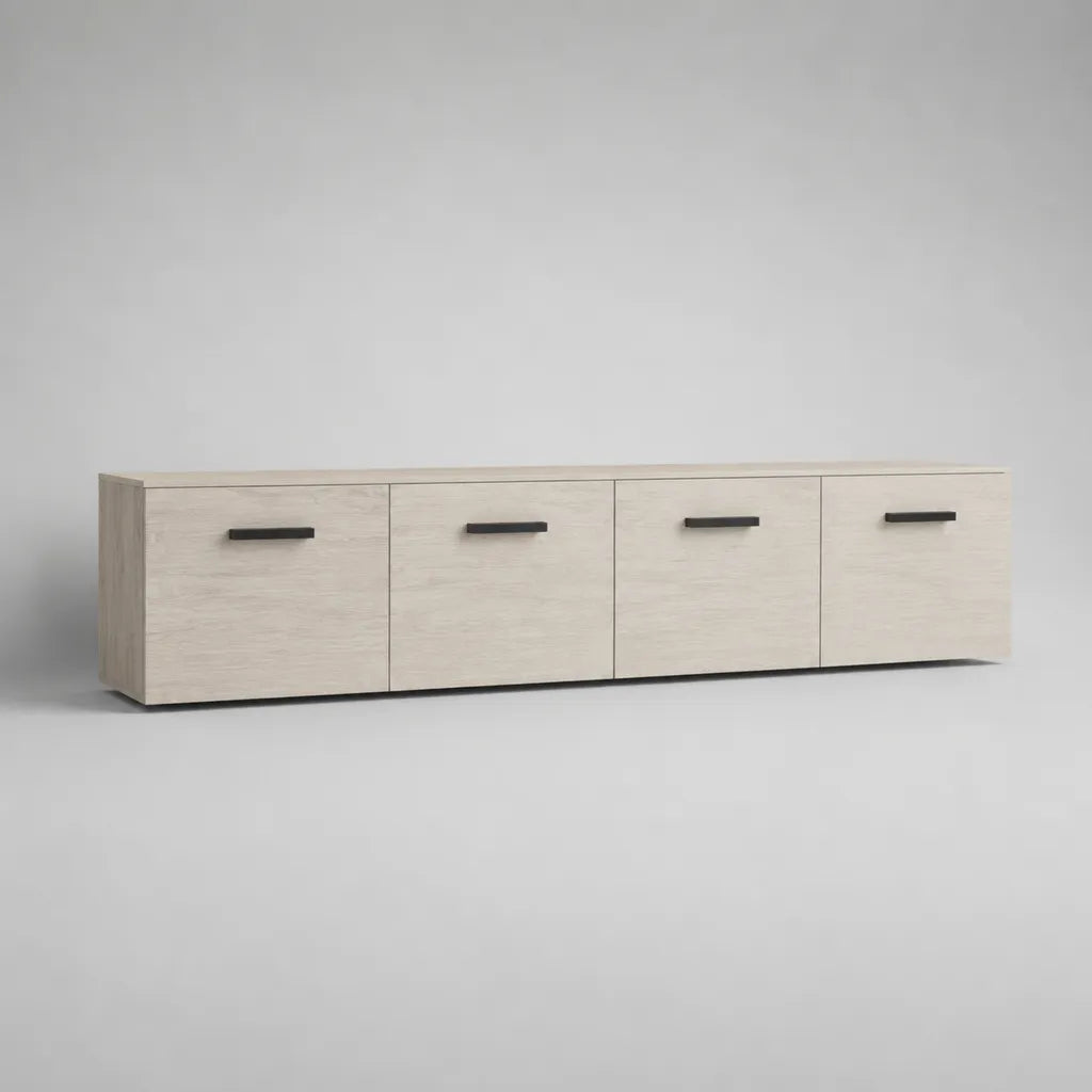 Basso armadio rettangolare a 4 porte in pannello di particelle di melamina, sbiancato e rovere nero, 180 × 40 × 50 cm