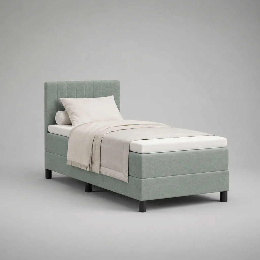Letto singolo imbottito in poliestere verde menta con testa di letto scanalata, letto 90 × 200 cm, dimensioni 101 × 212 × 110 cm