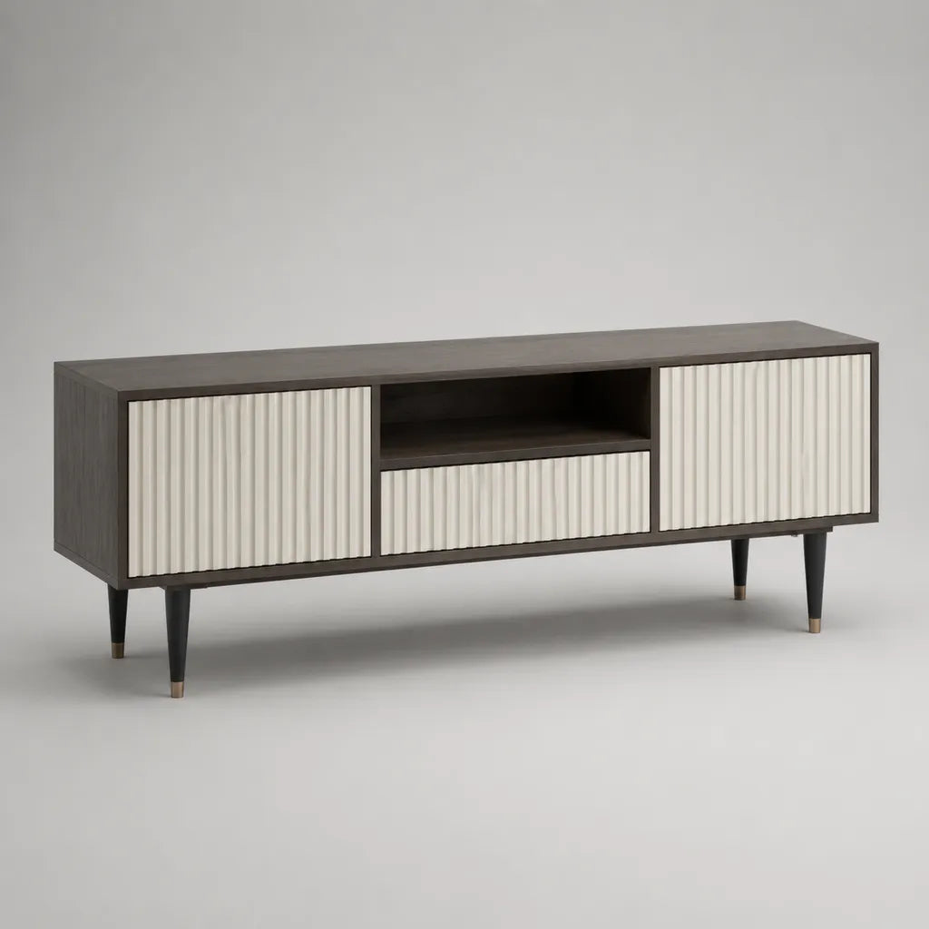 Basso mobile TV in legno e MDF marrone scuro e avorio, 2 porte, 1 cassetto e 1 nicchia, 160 × 40 × 70 cm