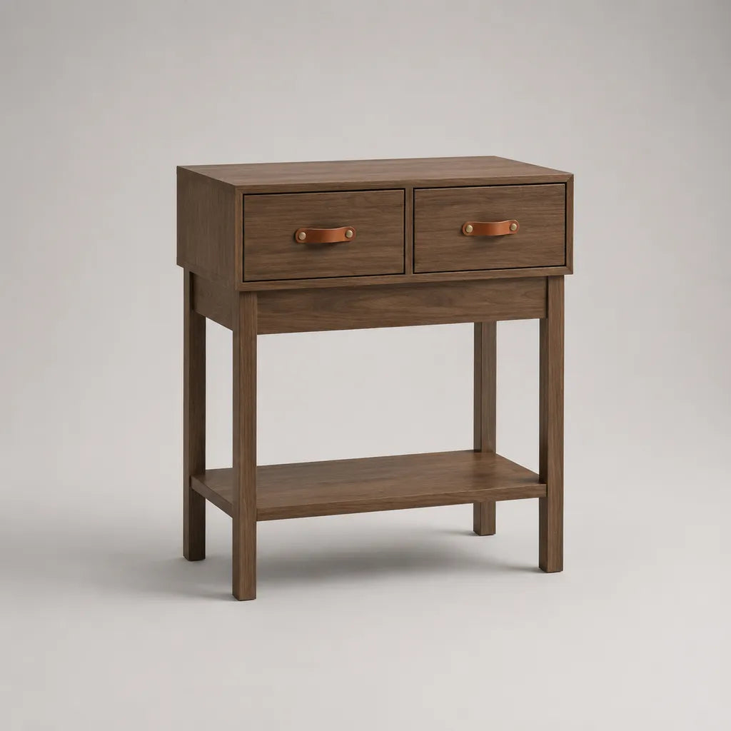 Consolle rettangolare in legno con 2 cassetti e ripiano, marrone noce e cammello, 80 × 35 × 85 cm