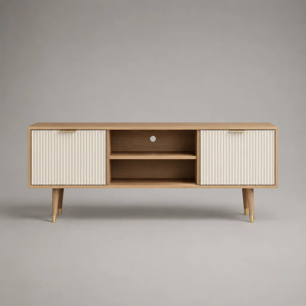 Armadio TV rettangolare a 2 porte in pannello di particelle e MDF, rovere naturale, bianco e dorato, 160 × 40 × 65 cm