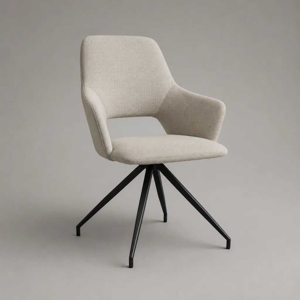 Sedia girevole con braccioli in tessuto beige e poggiapiedi in metallo nero, 60 × 62 × 84 cm