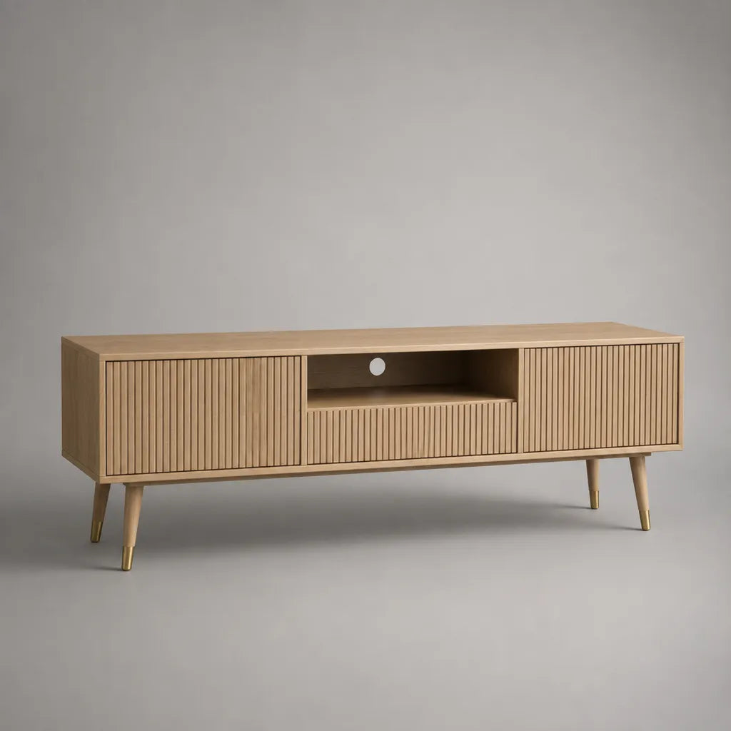 Armadio TV rettangolare MDF in rovere naturale, 2 porte, 1 cassetto e nicchia aperta, 160 × 40 × 60 cm