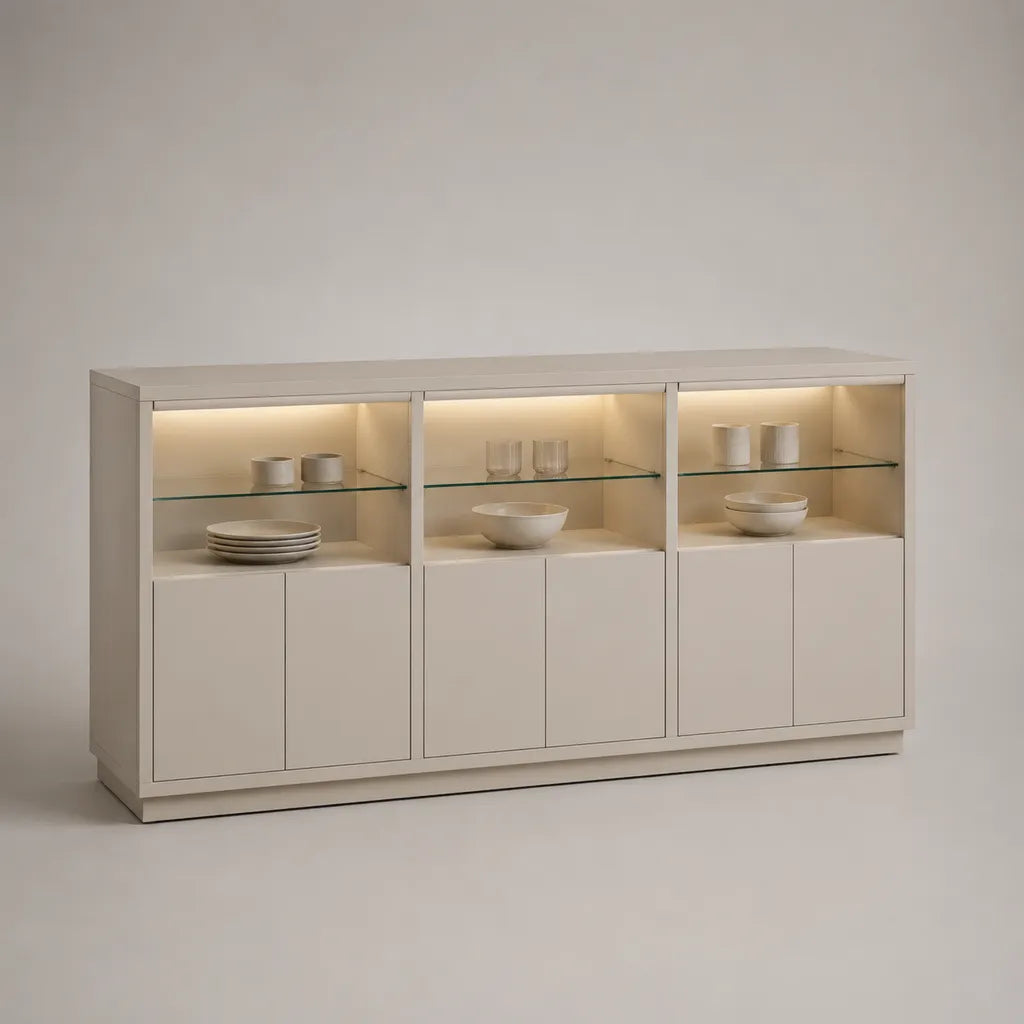 Rettangolare 6 porte MDF bianco opaco con 3 nicchie, ripiani in vetro e illuminazione a LED, 180 × 40 × 100 cm