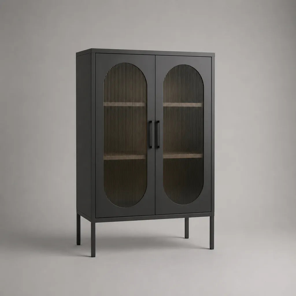 Set di 2 pezzi – Buffet a due porte, nero opaco, in acciaio e vetro a finestra alta, 80 × 40 × 120 cm
