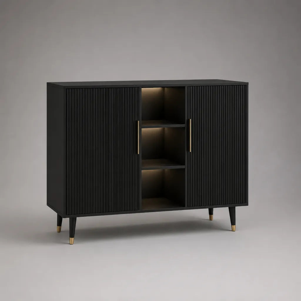 Armadio e pannello a particelle MDF nero e ottone, 2 porte scanalate e 3 nicchie, 120 × 40 × 100 cm