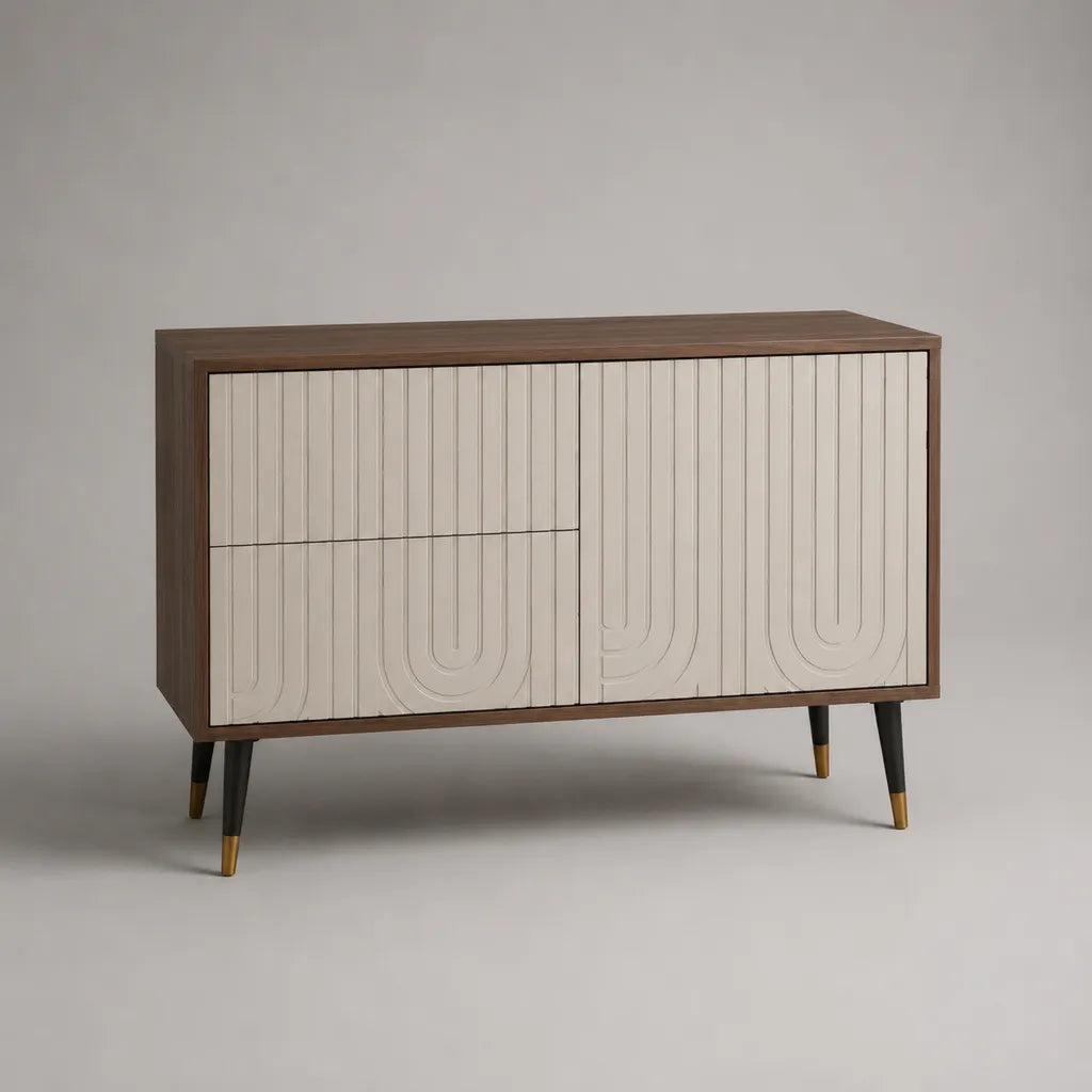 Credenza bassa rettangolare in noce placcato MDF con facciate scanalate, marrone noce, beige, nero e dorato, 140 × 40 × 80 cm
