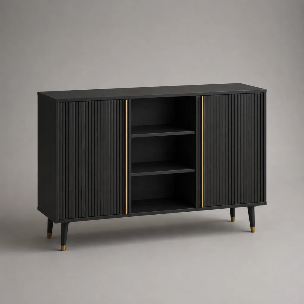 Armadio rettangolare in legno e metallo, 2 porte e 3 nicchie, nero e oro, 120 × 40 × 80 cm