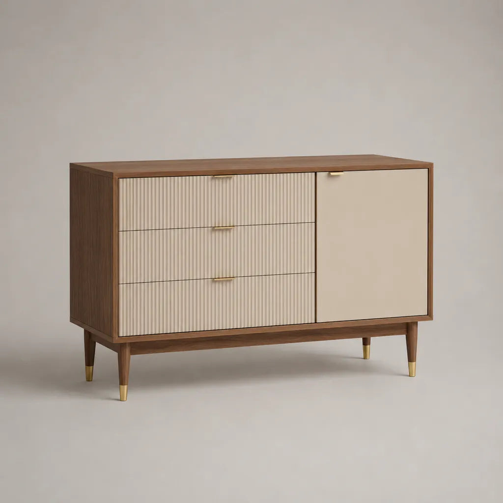 Buffet rettangolare basso in MDF placcato in noce, 3 cassetti e 1 porta crema, 120 × 40 × 80 cm