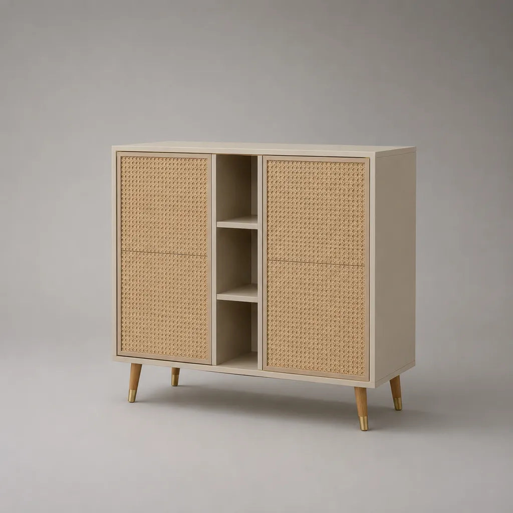 Armadio a 4 porte in legno e contenitore, beige e naturale, 120 × 40 × 100 cm
