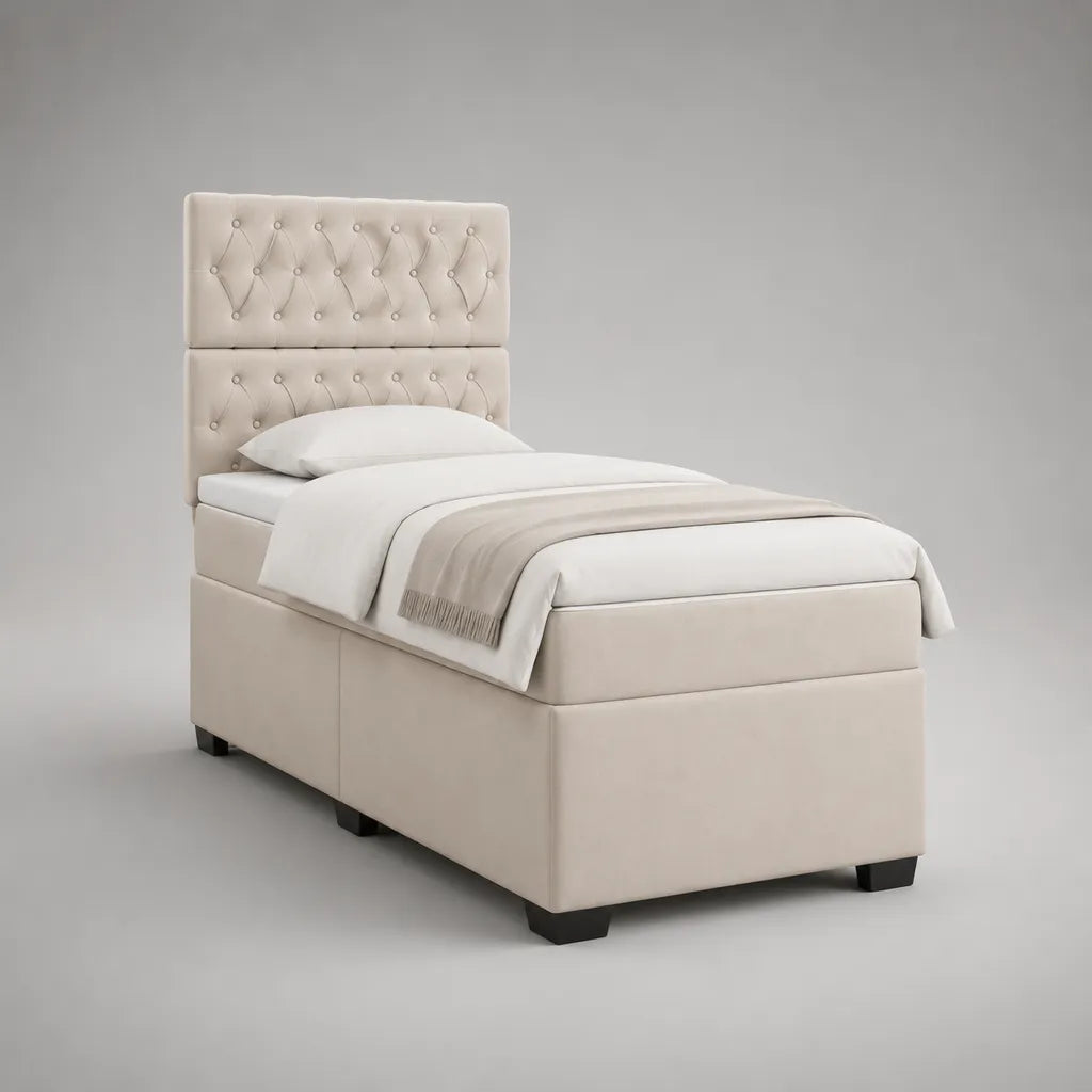Letto singolo imbottito in velluto poliestere ecru con testa letto imbottita, letto 90 × 190 cm