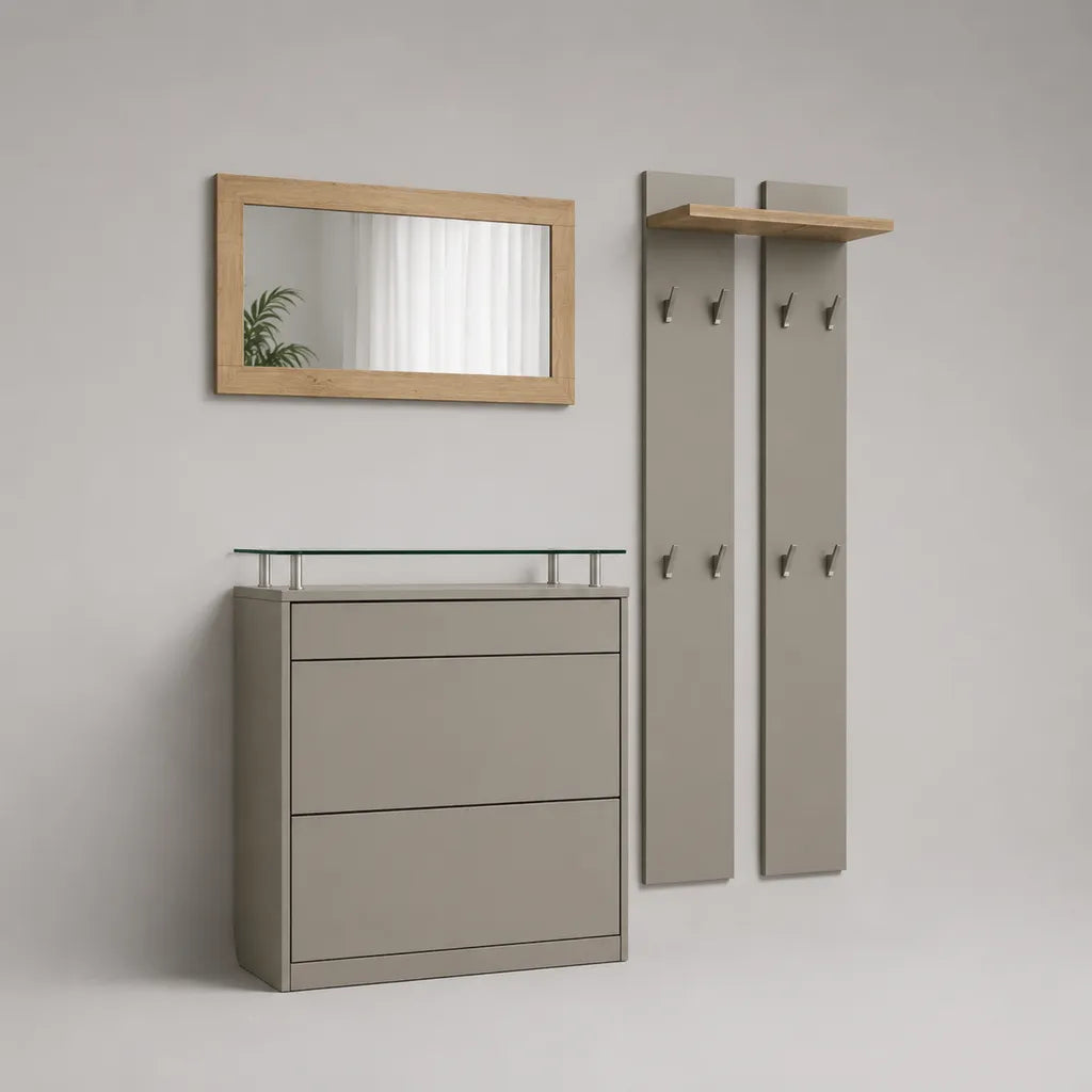 Set di ingresso 3 pezzi di legno, metallo e vetro, taupe e rovere leggero – armadio da scarpa 80 × 30 × 100 cm, specchio 90 × 3 × 55 cm e ripiano 65 × 25 × 165 cm