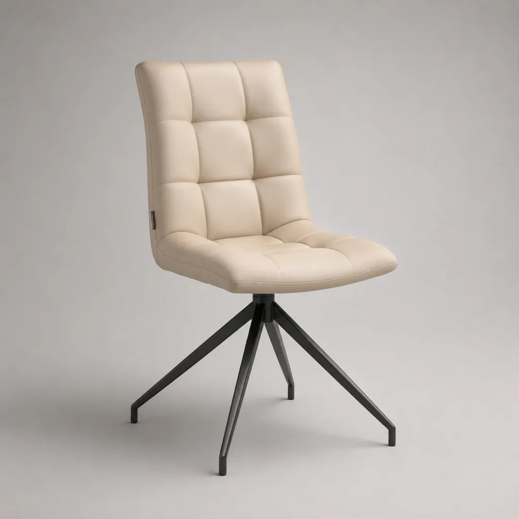 Sedia girevole in pelle beige con schienale alto e piedini in acciaio nero, 50 × 58 × 88 cm