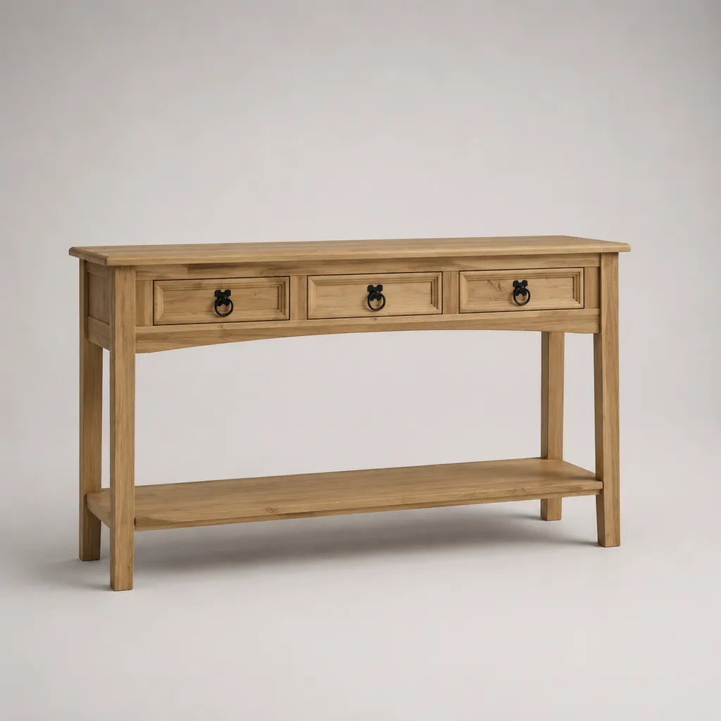 Consolle in legno massello con 3 cassetti e ripiano, legno naturale e nero, 120 × 35 × 80 cm