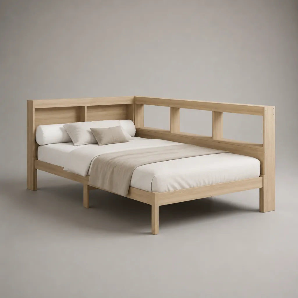 Panca a 2 posti in legno massello, legno naturale, letto 140 × 200 cm, dimensioni 210 × 151 × 95 cm
