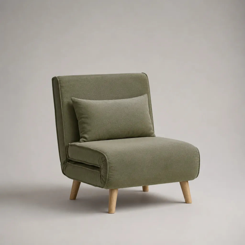 Sedia senza braccioli in tessuto verde oliva con cuscino e piedi in legno, 78 × 86 × 86 cm