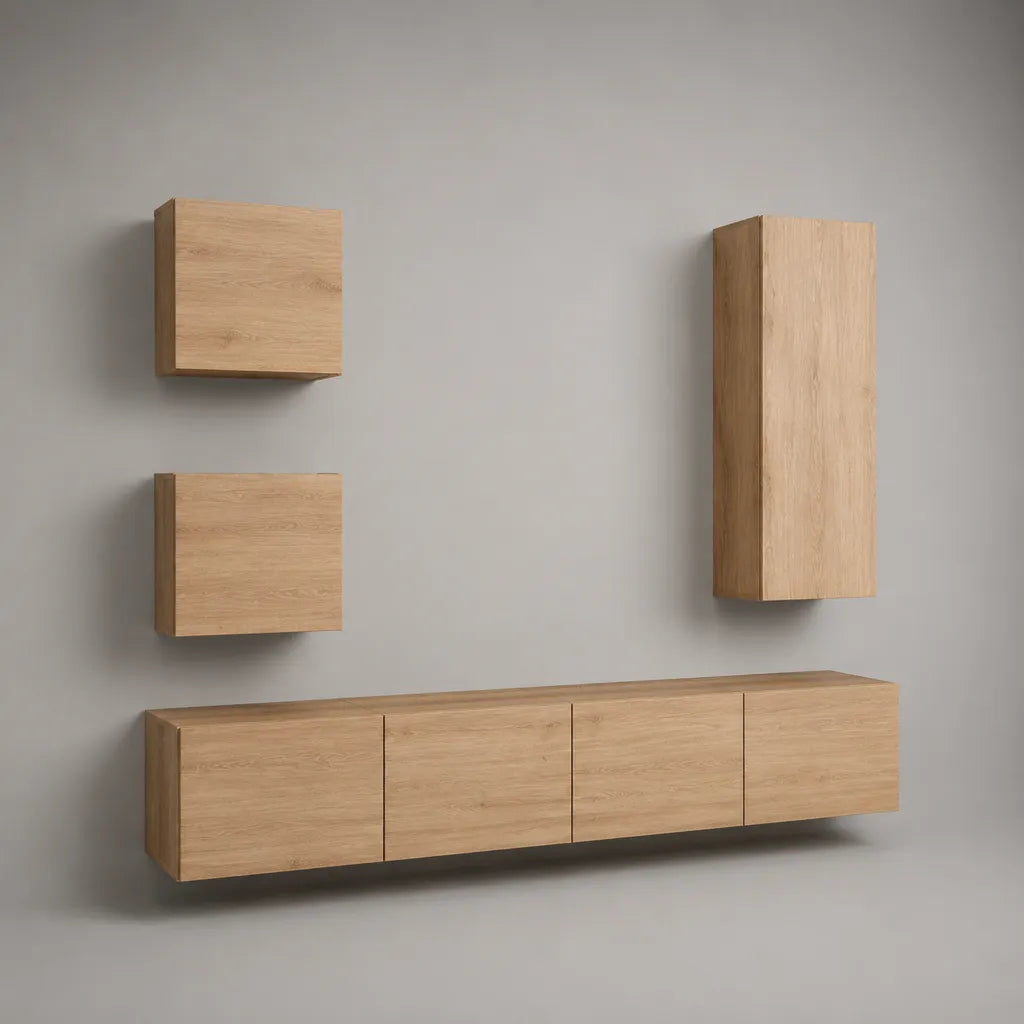 Set TV a parete appesa 4 pezzi di pannello di particelle di melamina, rovere naturale, 200 × 40 × 160 cm
