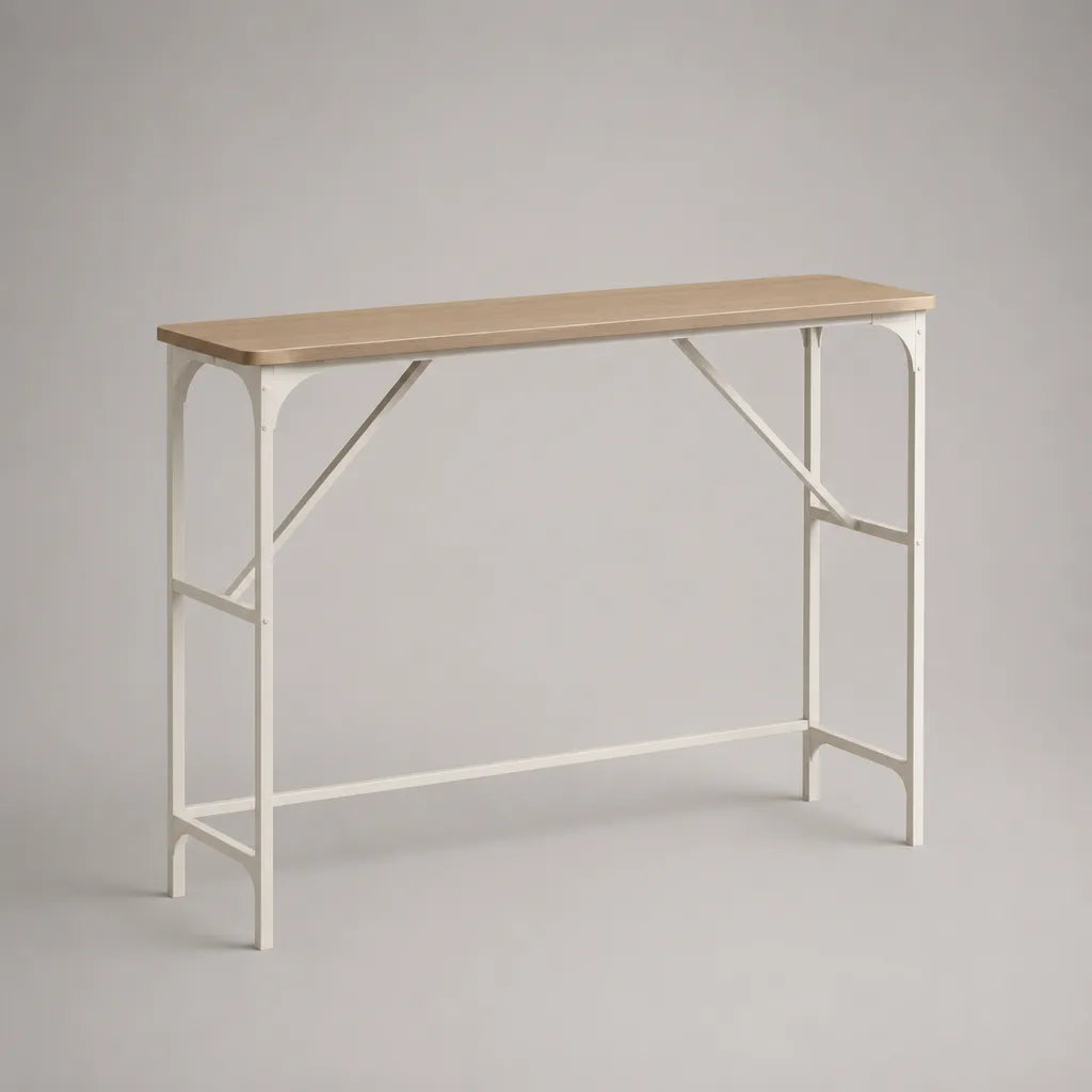 Console rettangolare in legno e acciaio, rovere chiaro e bianco, 120 × 35 × 80 cm