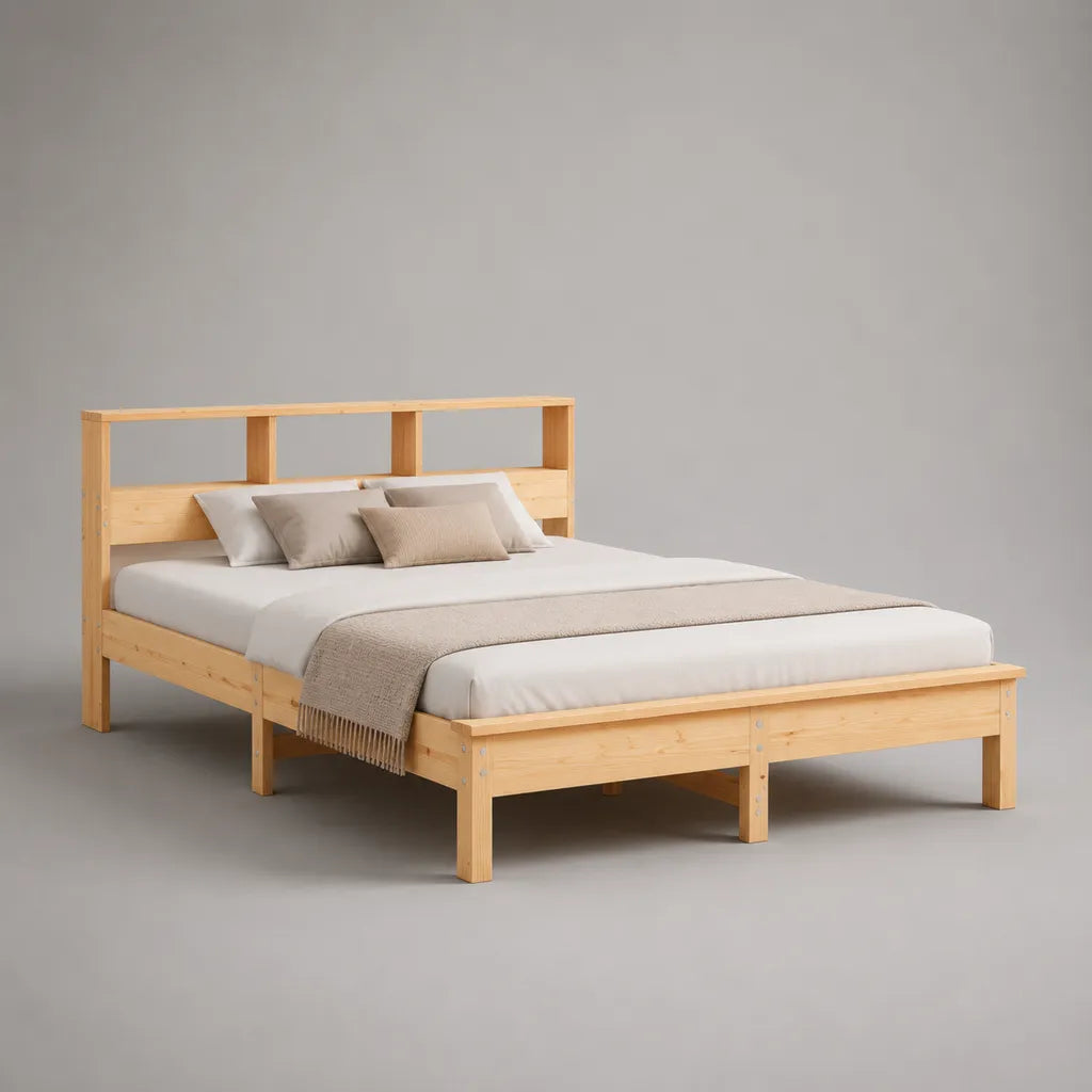 Letto matrimoniale in legno naturale 180 × 200 cm con testata di stoccaggio