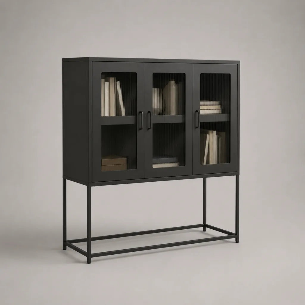 Piano rettangolare a 3 porte in acciaio nero e vetro in scatola, 110 × 40 × 140 cm