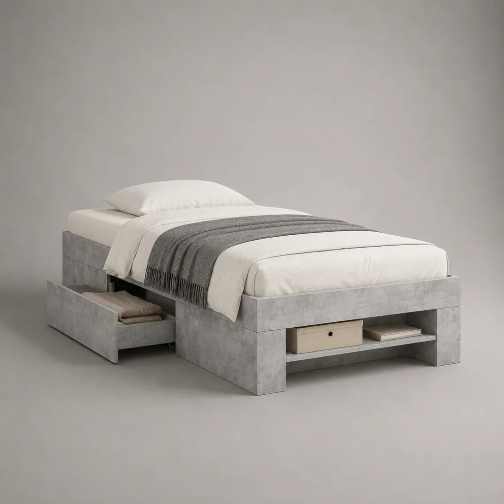 Letto singolo in cemento grigio con 2 cassetti e ripiano, letto 90 × 200 cm, dimensioni 205 × 96 × 60 cm
