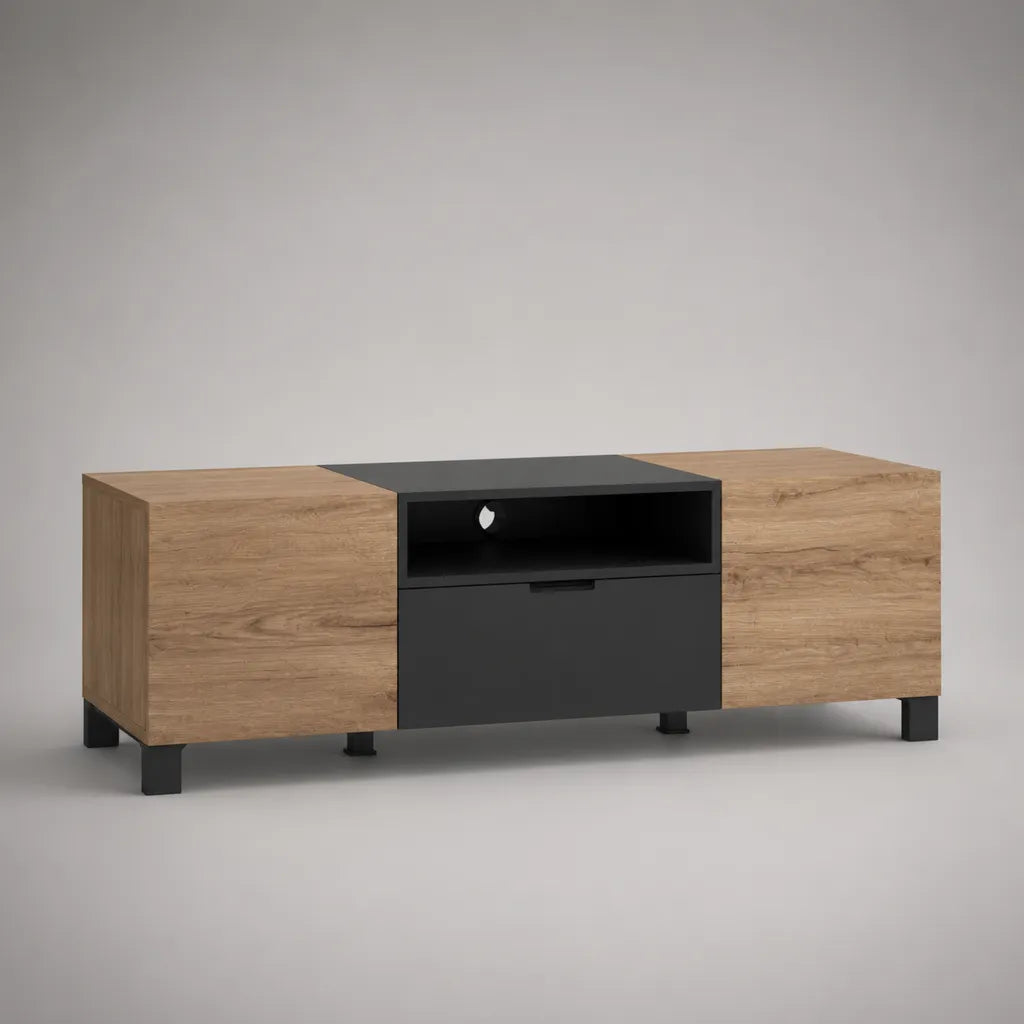 Armadio TV in legno, rovere naturale, antracite e nero, 140 × 40 × 55 cm