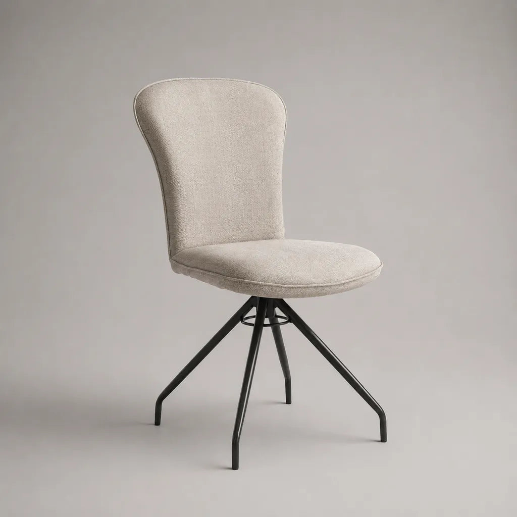 Sedia da pranzo girevole in tessuto beige e acciaio nero, 48 × 57 × 86 cm