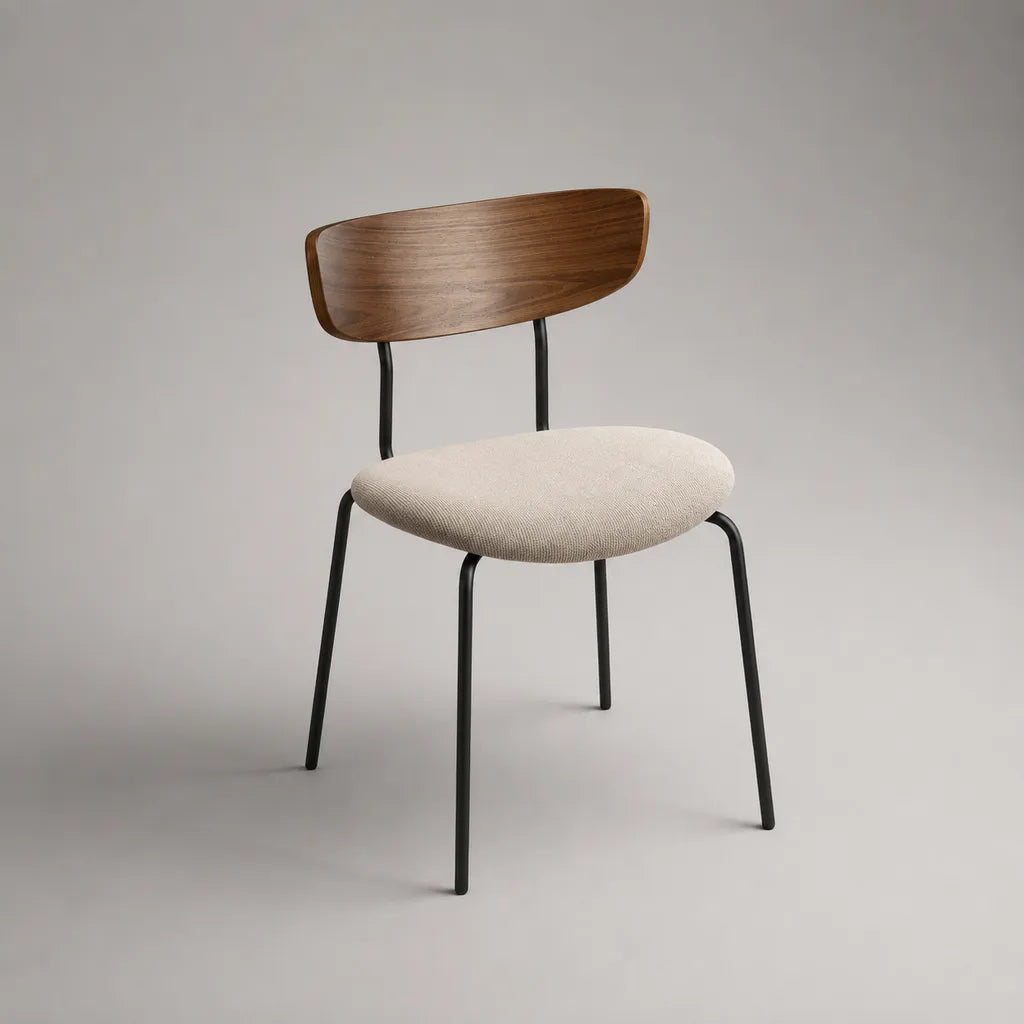 Sedia da pranzo in tessuto beige, legno marrone noce e metallo nero, 50 × 54 × 78 cm