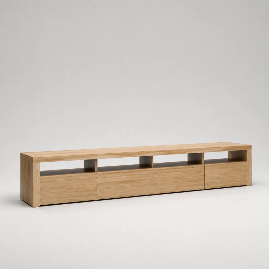 Armadio a bassa TV in MDF impiallacciato rovere con 4 nicchie aperte e 3 stoccaggi, rovere naturale e nero, 200 × 40 × 50 cm