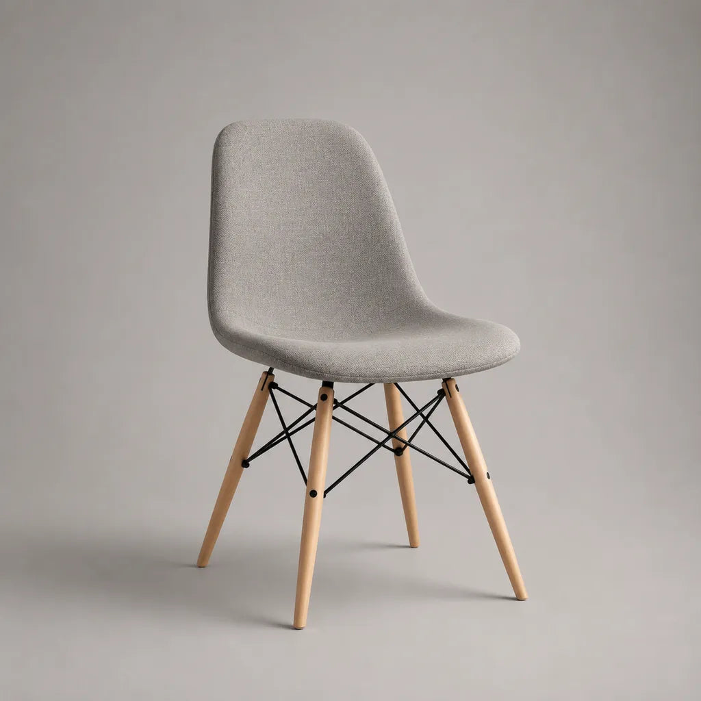 Sedia imbottita in tessuto grigio chiaro con piedini in legno naturale e schienali in metallo nero, 48 × 55 × 82 cm