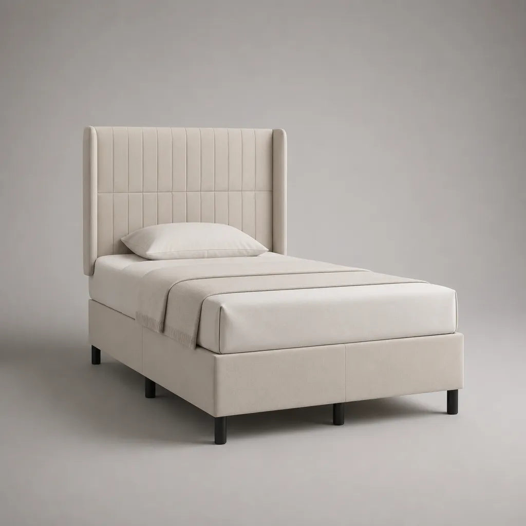 Letto singolo imbottito in tessuto beige e metallo nero con testata auricolare, letto 90 × 200 cm, dimensioni 105 × 215 × 125 cm