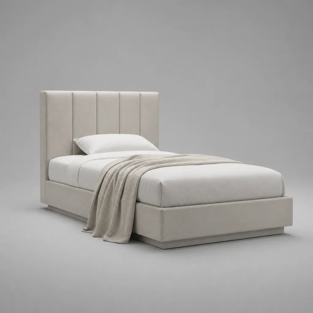 Letto singolo imbottito in poliestere beige chiaro, 215 × 105 × 115 cm, letto 90 × 200 cm