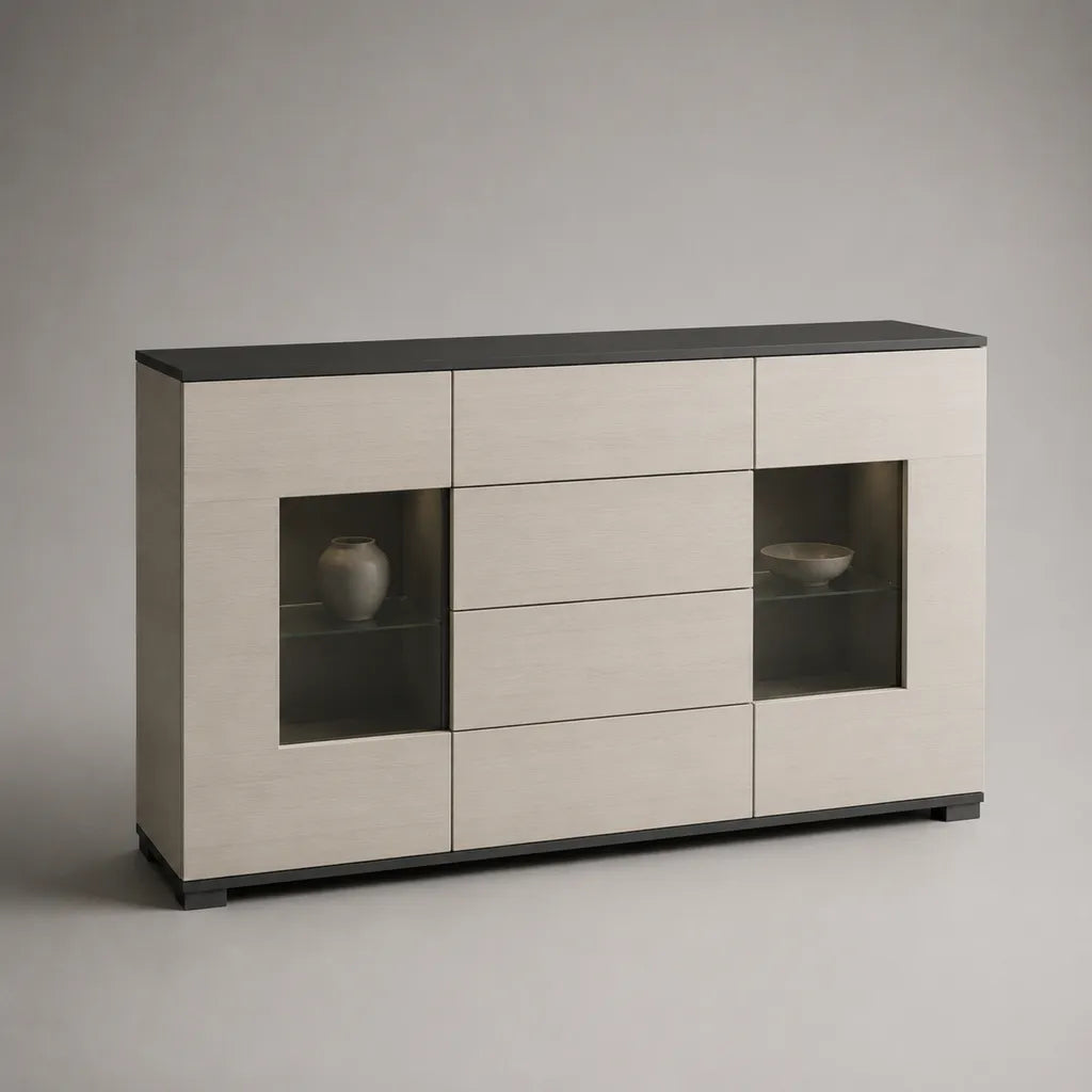MDF rettangolare e piano in vetro, 4 cassetti e 2 porte in vetro, bianco rotto, nero e grigio affumicato, 180 × 42 × 110 cm