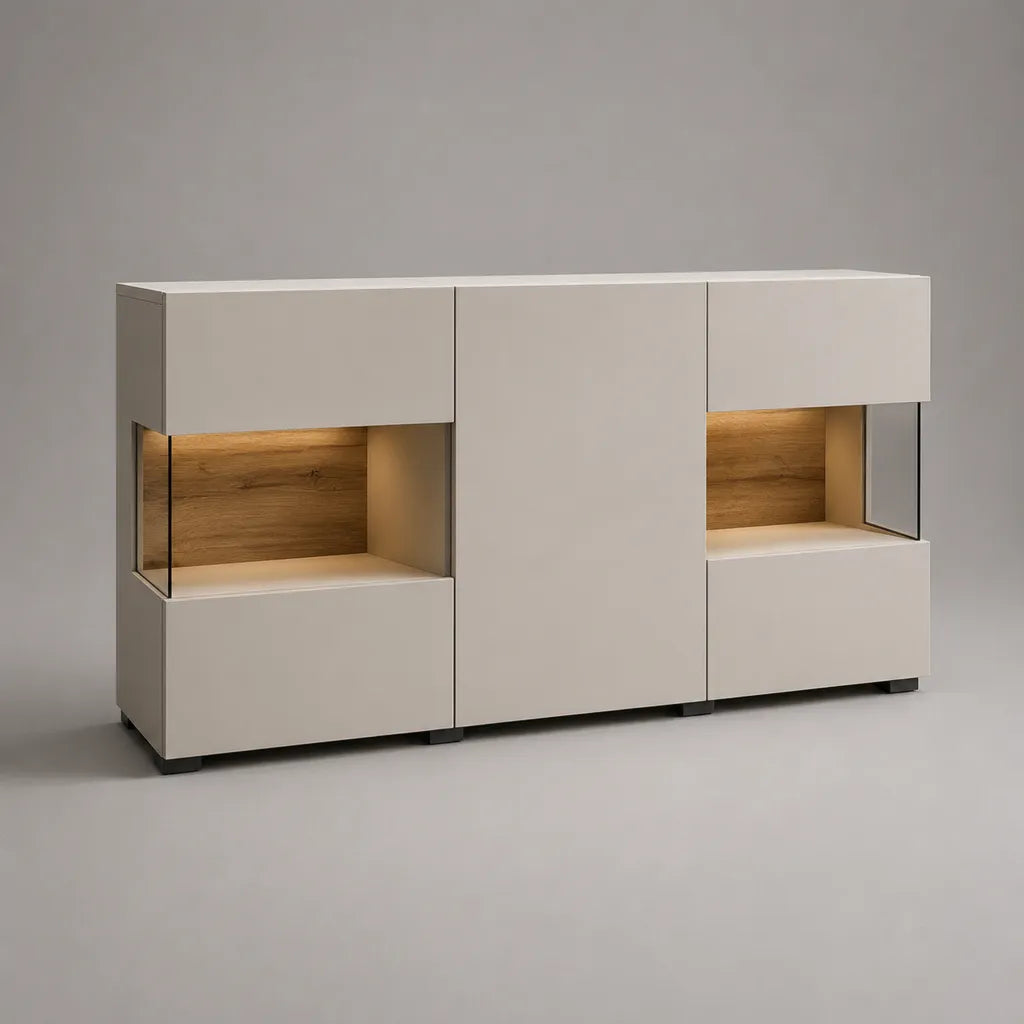 Buffet bahut rettangolare in MDF e vetro temperato, bianco rotto e rovere naturale, 180 × 40 × 90 cm