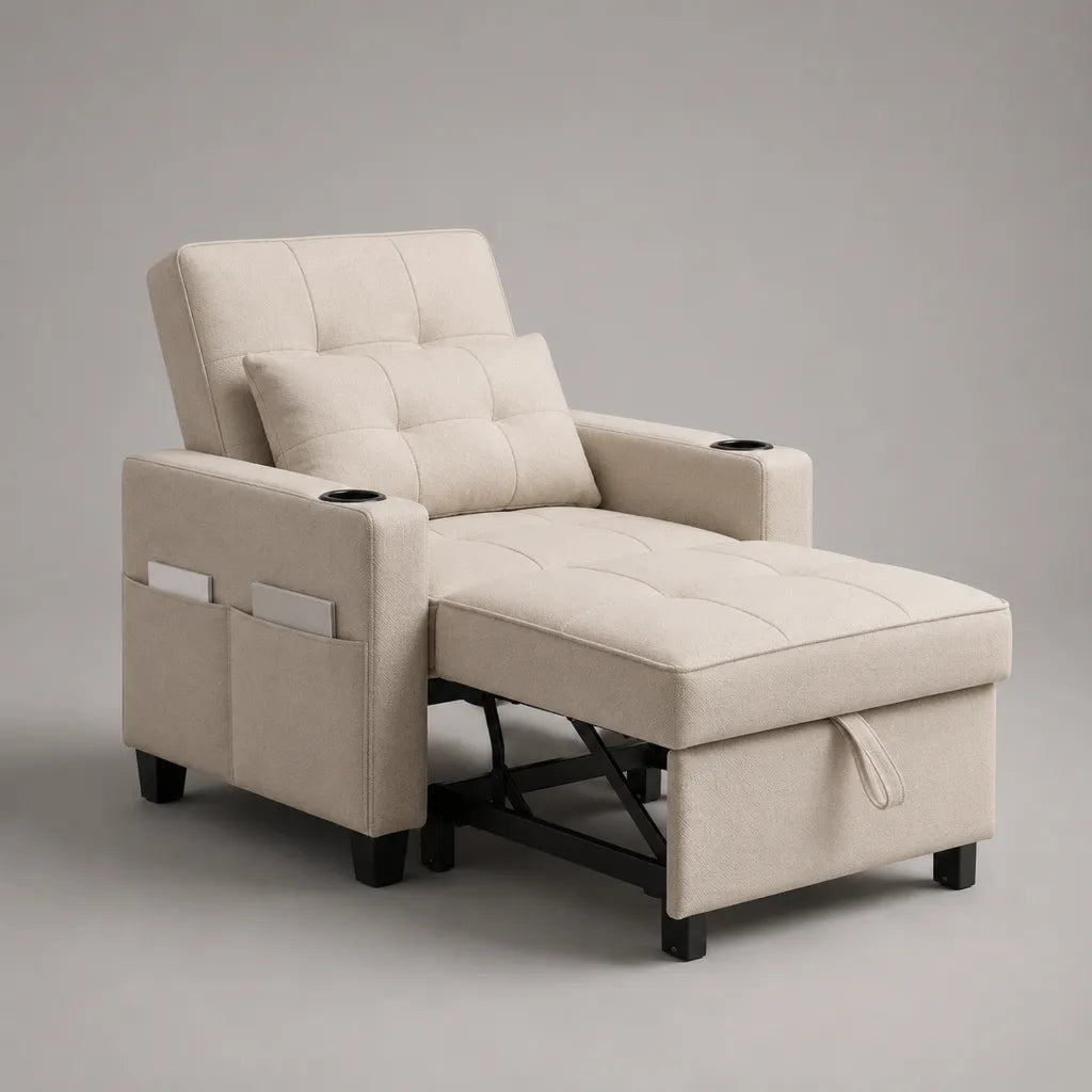 Sedia letto convertibile 1 sedile in tessuto beige e metallo nero con poggiapiedi scorrevole e supporto a 2 tazze, 92 × 92 × 103 cm