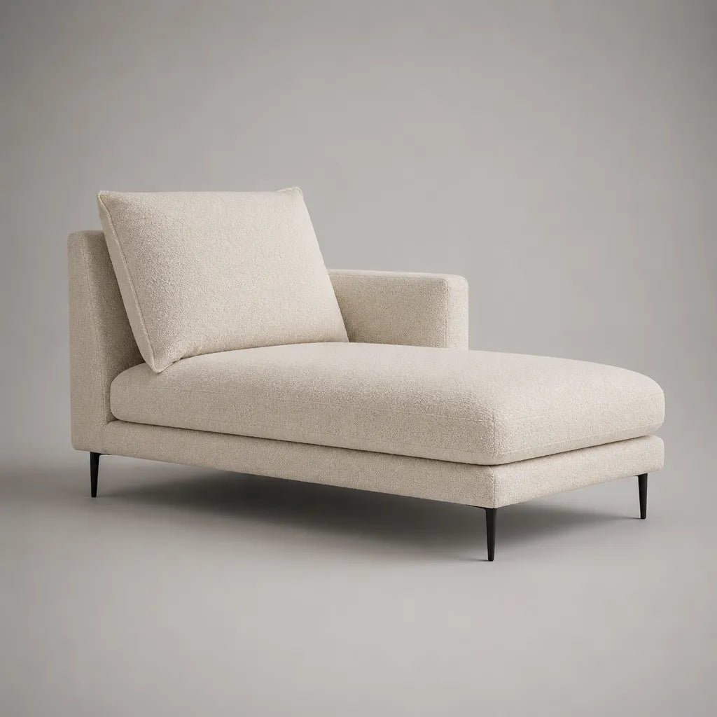 Meridiano in tessuto riccio bianco rotto con bracciolo e piedi in metallo nero, 165 × 92 × 82 cm