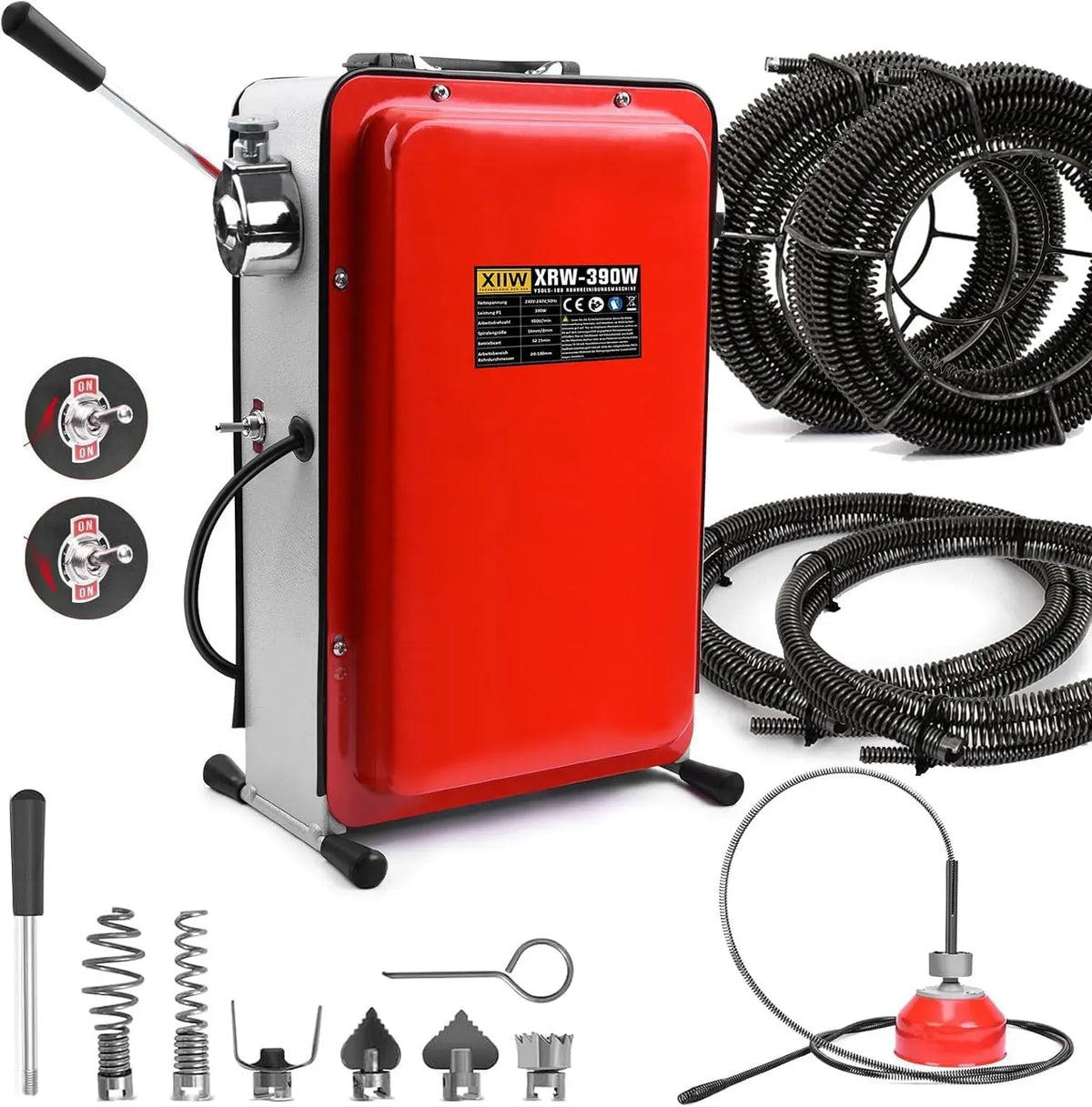 44.5m 20m Comando CW/CCW, Lavandino Doccia Pavimento, per Sonda Trivella Scarico Professionale, Sturatubi Elettrico 390W, Spirale Ø16mm/Ø8mm, 20m