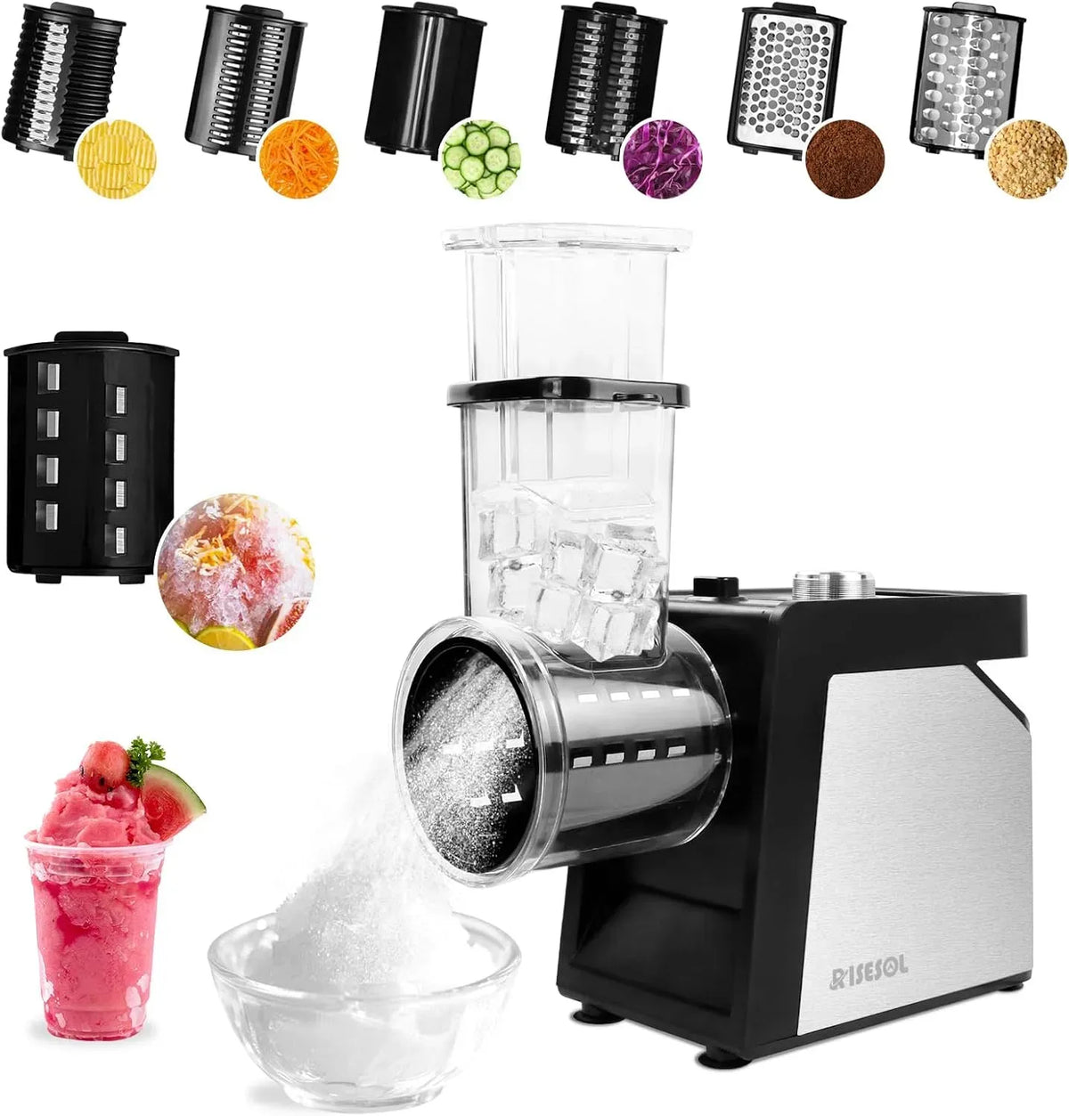 7 in 1 Affetta Verdure Elettrico Tritaghiaccio Grattugia per Formaggio Carote Acciaio Inox dotato di 7 Lame 250W Tagliaverdure Professionale da Cucina