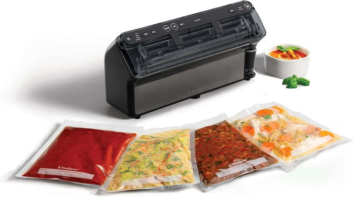 0,94 & 3,78 l, FoodSaver Sigillatore Elite Tutto in uno Liquido+ Alimenti freschi fino a 5 volte più lungo* Sigillatura liquida Con 1 rotolo, 28 cm x